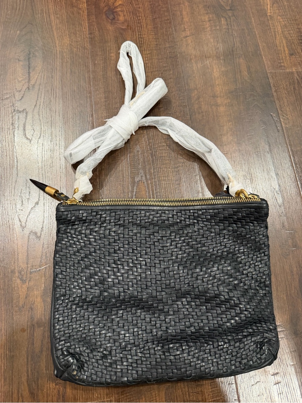 Woven Shoulder Bag in Black with Gold Hardware